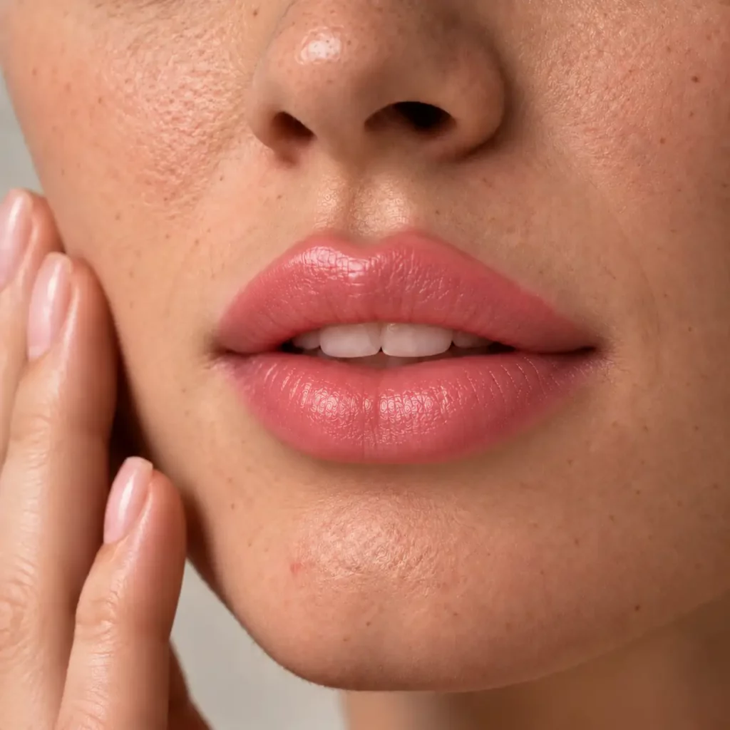Primer plano de labios de una modelo adulta con textura y proporciones naturales