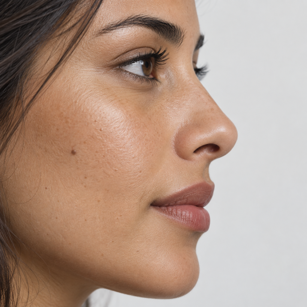 Perfil nasal femenino en una imagen de rinomodelación estética