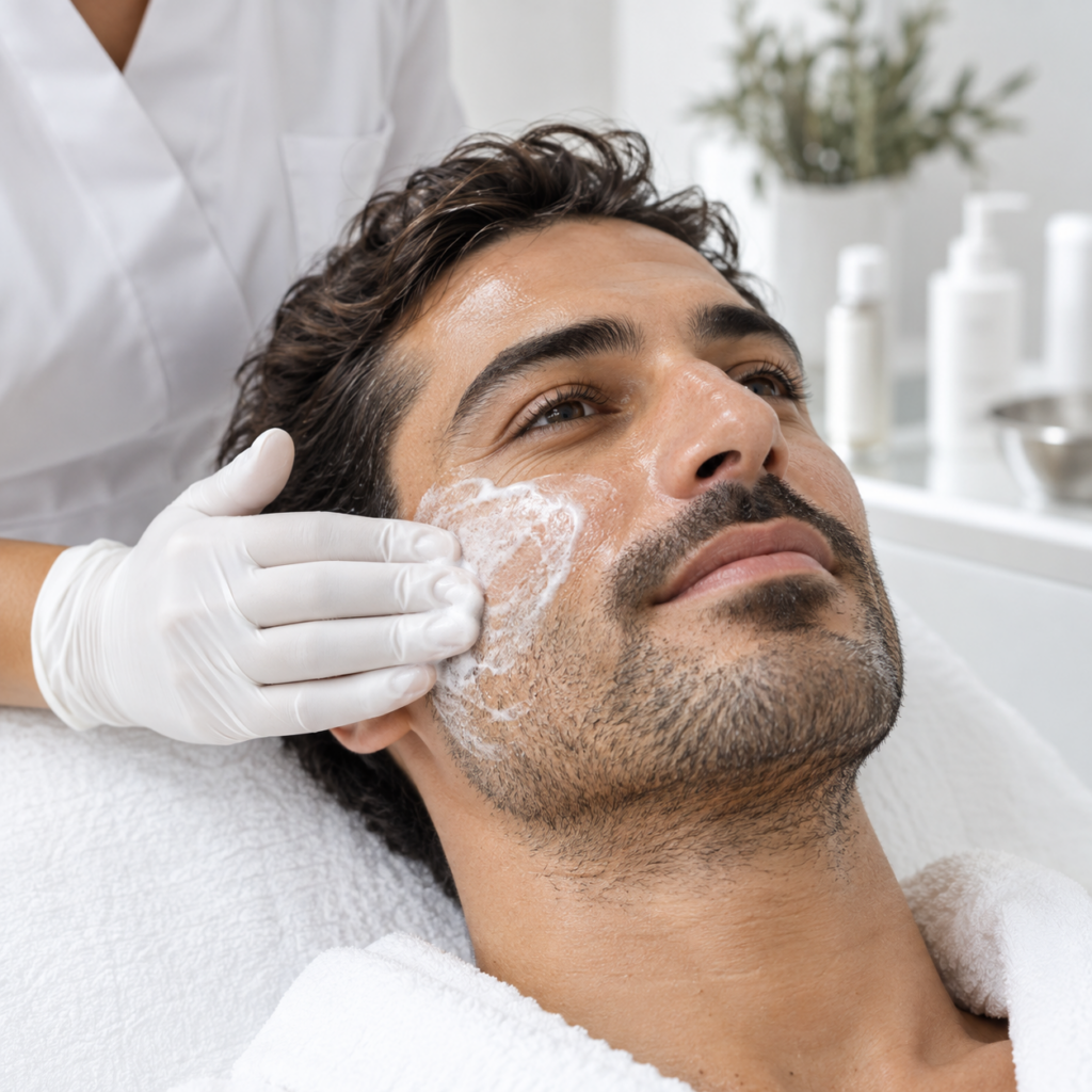 Hombre canario durante una limpieza facial profesional en Las Palmas