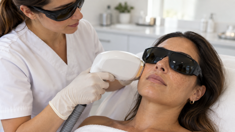 Fotorrejuvenecimiento facial con IPL en Las Palmas, paciente con protección ocular en consulta.