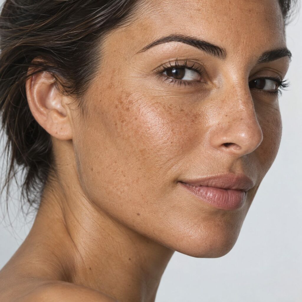 Primer plano de una mujer adulta con piel canaria y textura natural, para ilustrar el tratamiento con láser Fraxel Dual en Las Palmas.