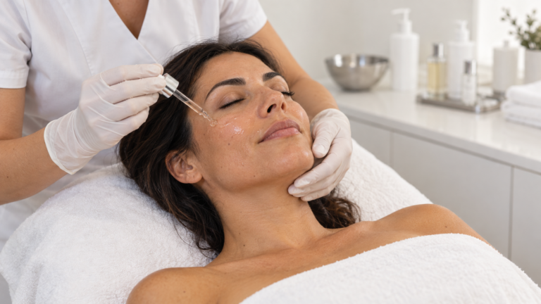 Aplicación tópica de sérum hidratante facial en una paciente adulta en Las Palmas