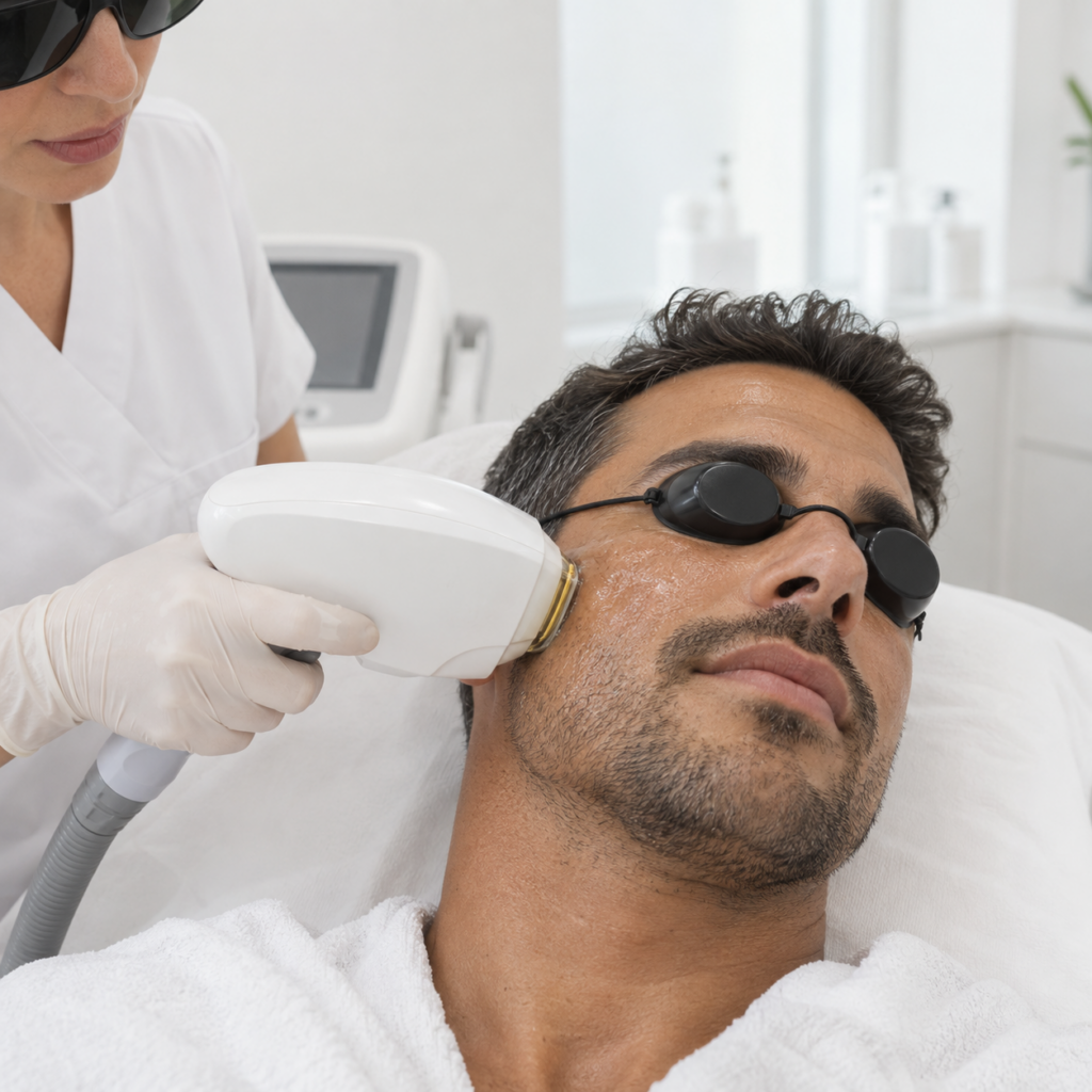 Paciente masculino con piel de tono oliva durante una sesión de luz pulsada facial.