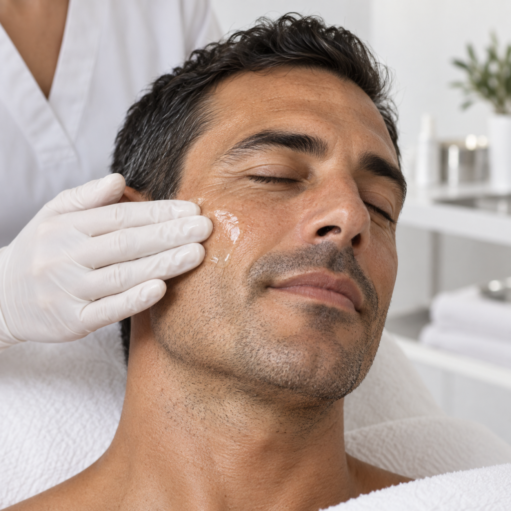 Hombre adulto con sérum hidratante aplicado en la mejilla durante un cuidado facial en clínica