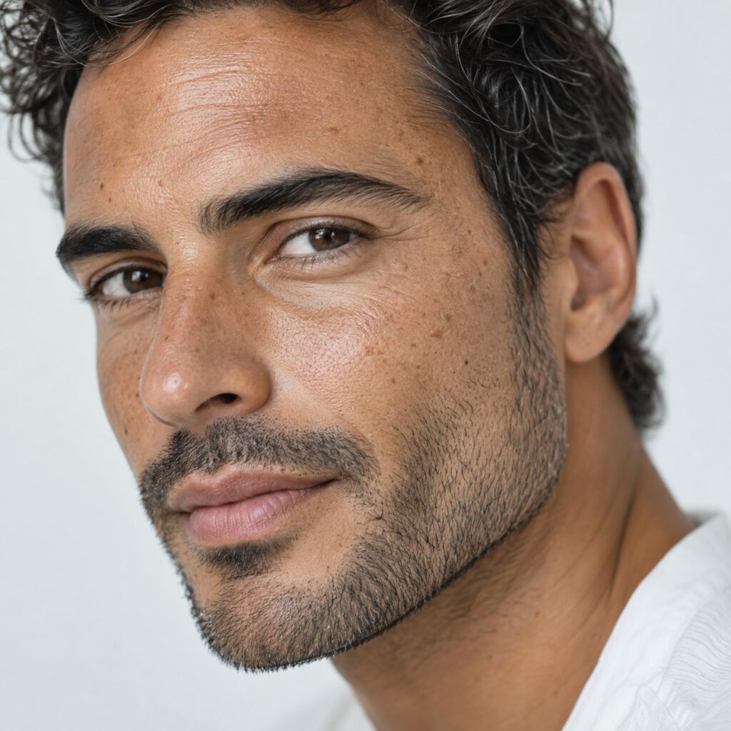 Primer plano de un hombre adulto con piel canaria de textura natural, para ilustrar el tratamiento láser Fraxel Dual en Las Palmas.