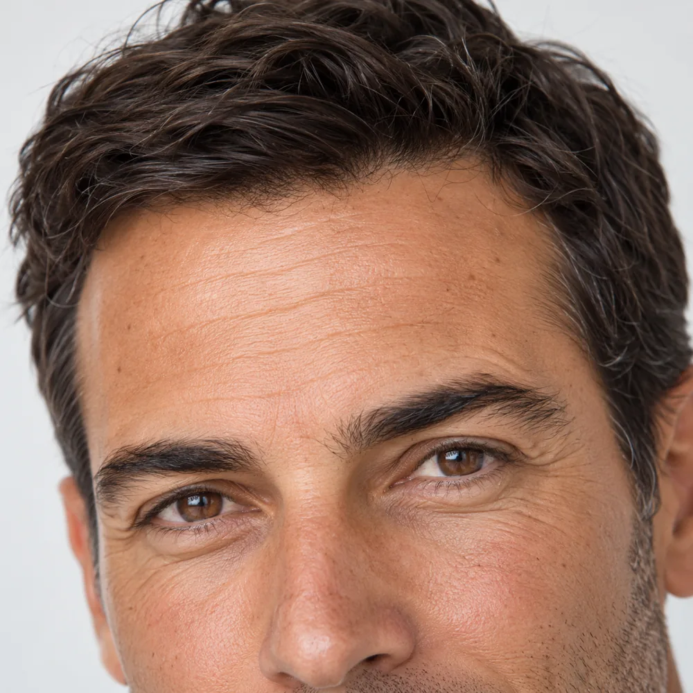Primer plano masculino de cejas y mirada con piel natural