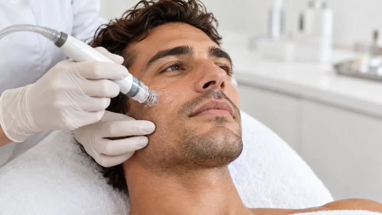 Hombre castaño durante una sesión de hidrodermoabrasión facial en Las Palmas
