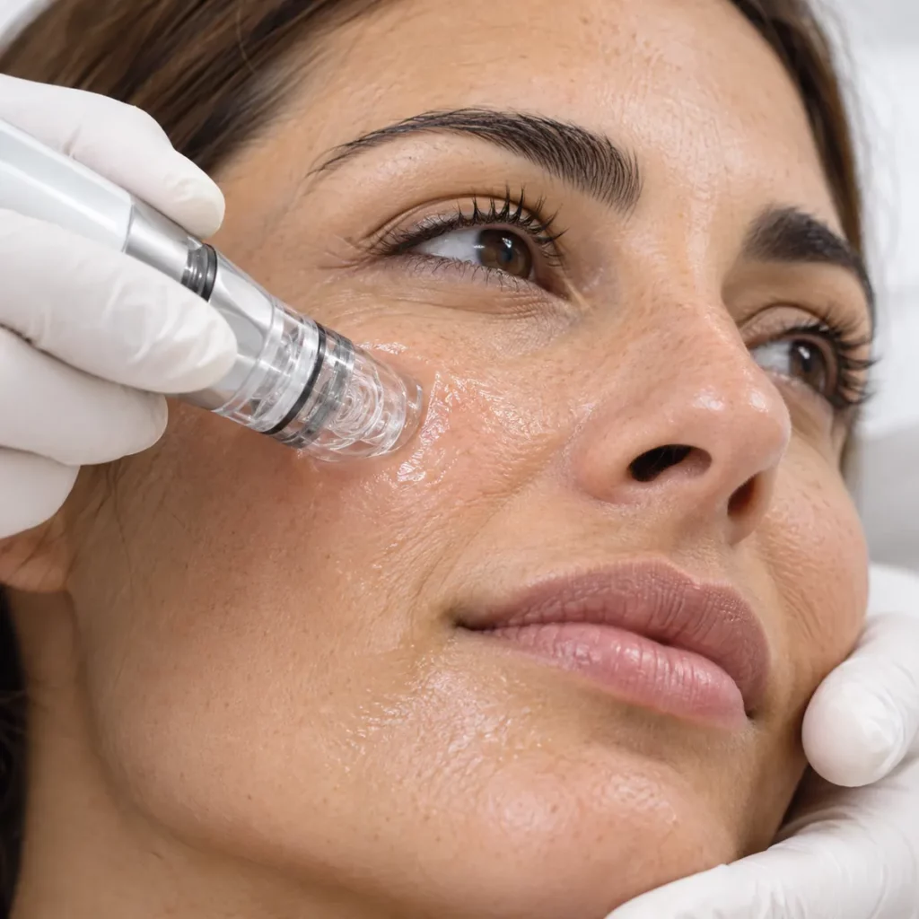 Mujer castaña recibiendo hidrodermoabrasión facial con cabezal de succión e hidratación
