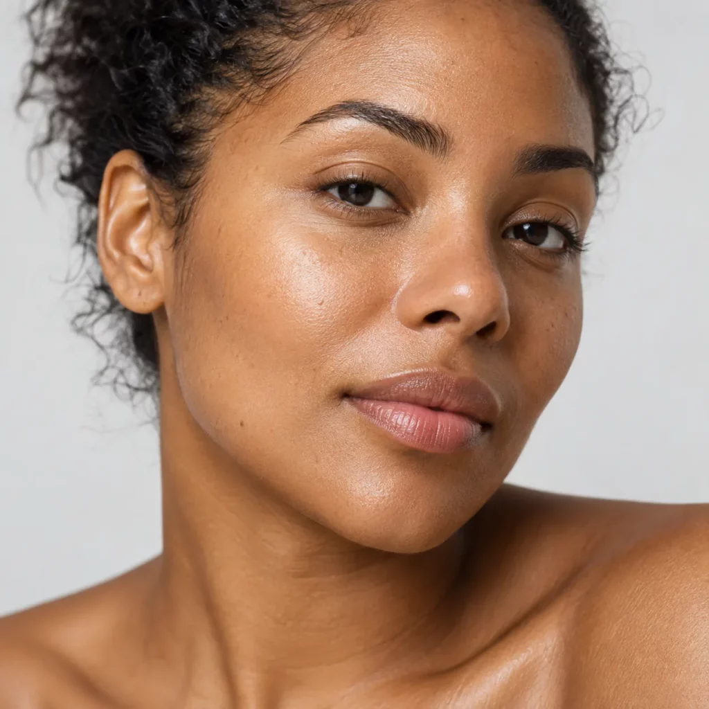 Modelo adulta después de un peeling facial estético con aspecto luminoso y natural.