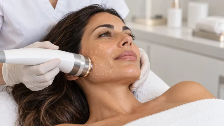 Radiofrecuencia facial en Las Palmas aplicada con un cabezal no invasivo a una mujer castaña.