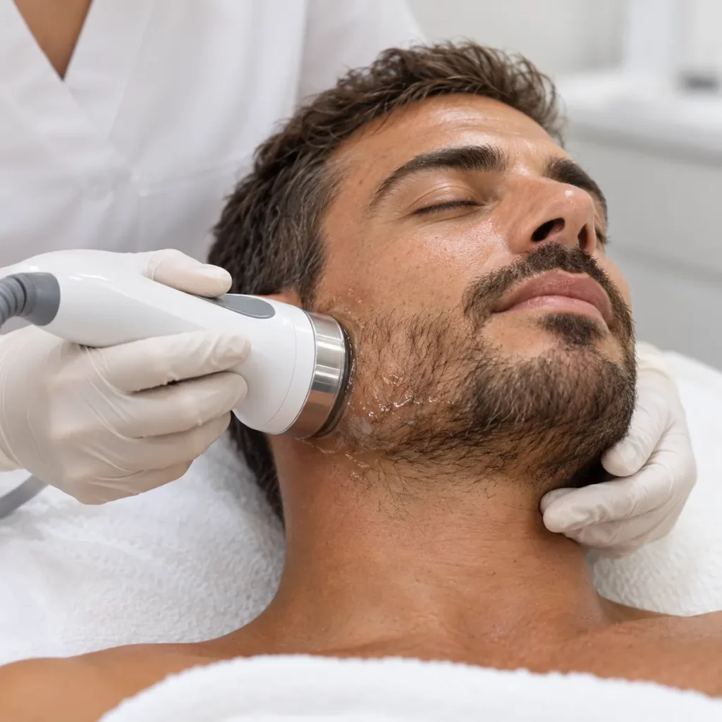 Hombre castaño recibiendo radiofrecuencia facial no invasiva en la línea mandibular.