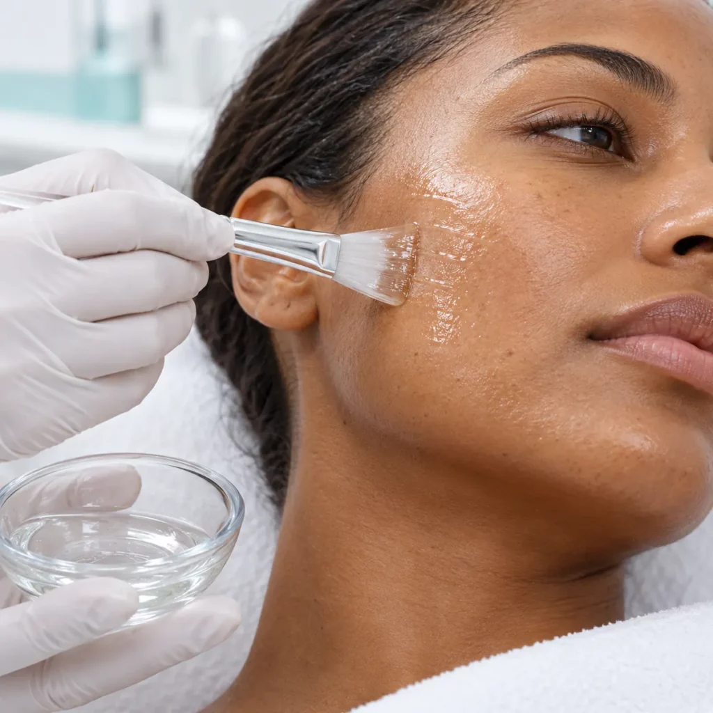 Detalle de la aplicación de un peeling facial con ácido láctico sobre piel morena