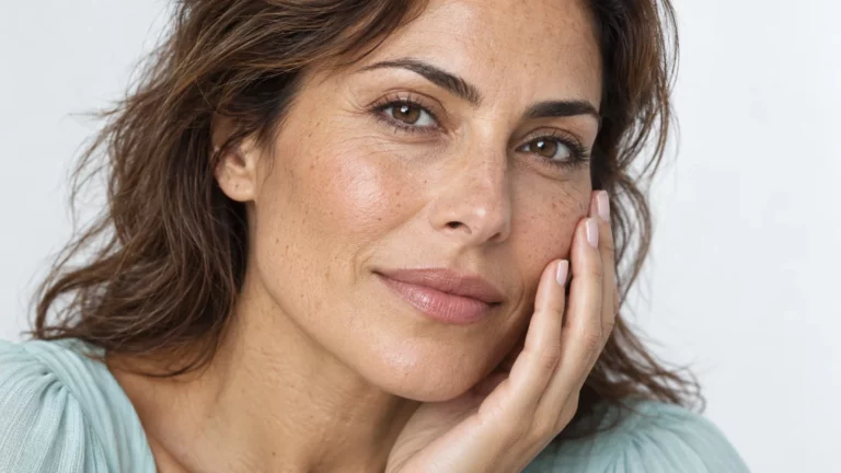 Retrato cercano de una mujer castaña con textura natural de la piel