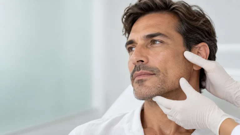 Valoración del contorno facial de un hombre para tratamiento con hidroxiapatita cálcica