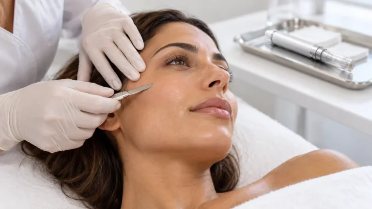 Mujer castaña durante un tratamiento combinado de dermaplaning y Dermapen en Las Palmas