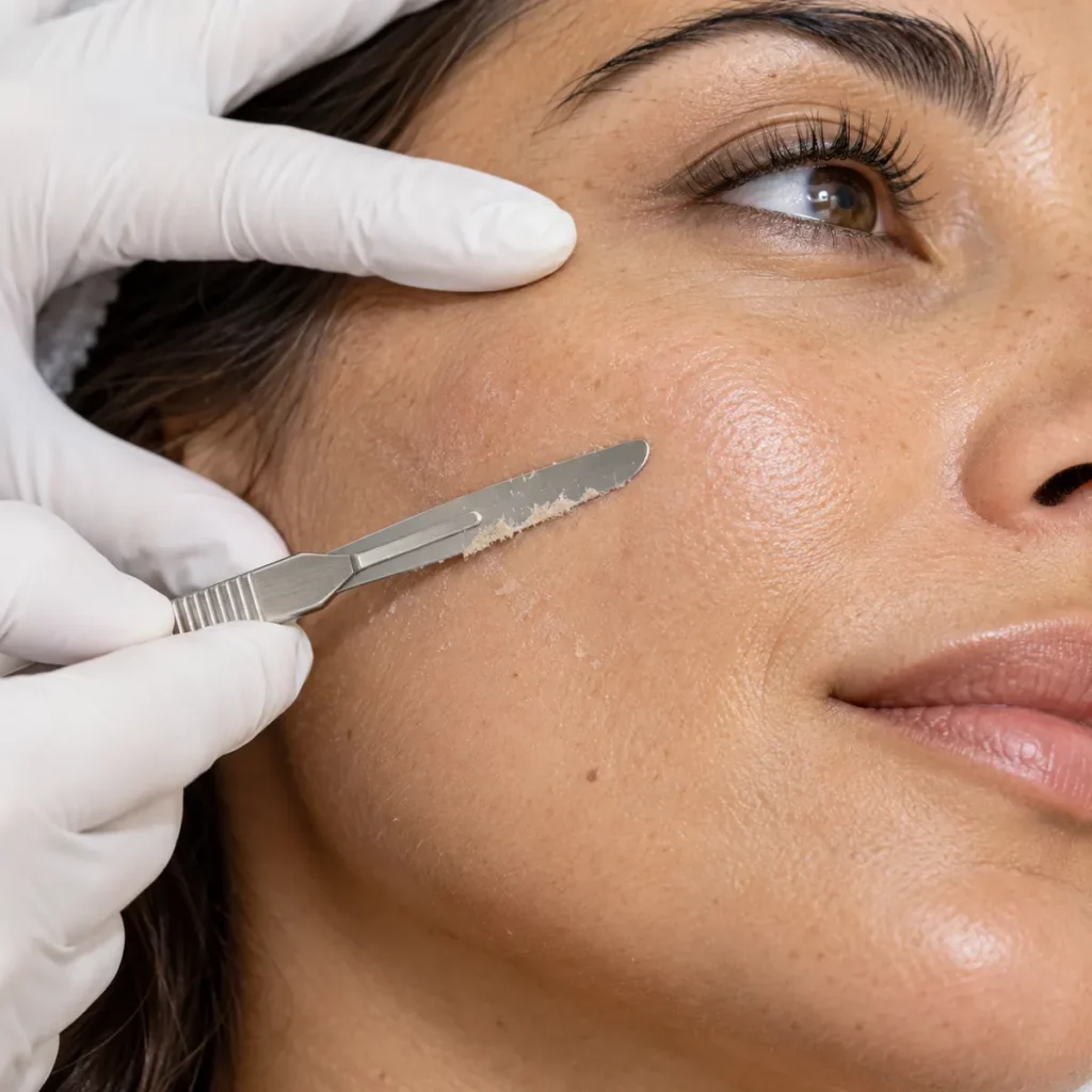 Dermaplaning facial profesional sobre la mejilla de una mujer castaña