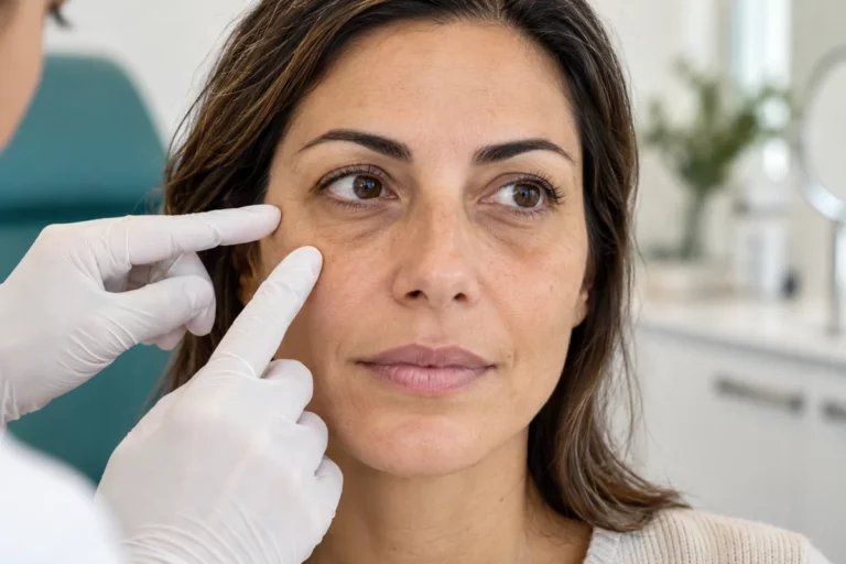 Valoración del tono del contorno de ojos en una modelo adulta, imagen ilustrativa