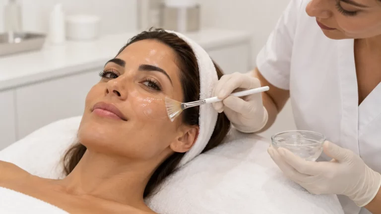 Profesional aplicando una exfoliación con ácido glicólico a una paciente en Las Palmas