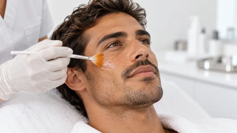 Hombre recibiendo un peeling profesional con ácido salicílico en una clínica estética