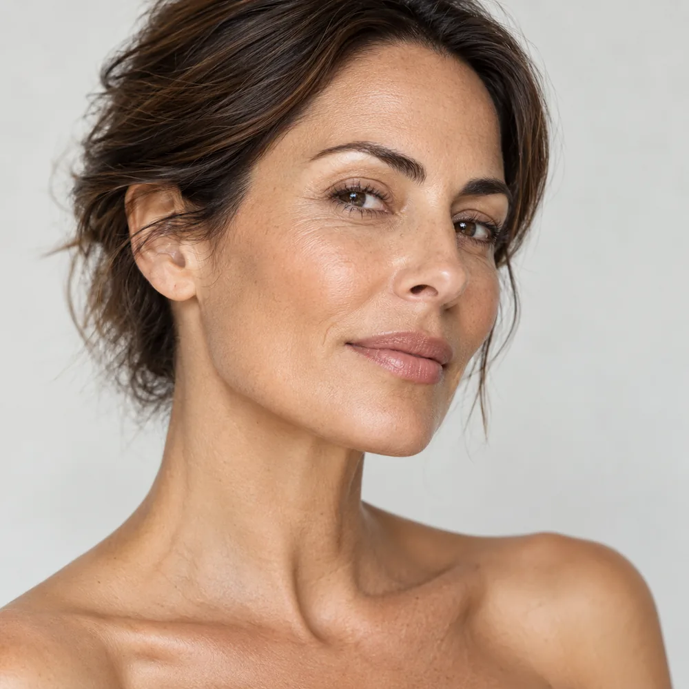 Mujer de piel mediterránea mostrando pómulos y contorno facial natural