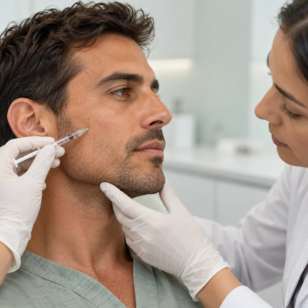 Aplicación médica de HArmonyCa en el contorno facial de un hombre