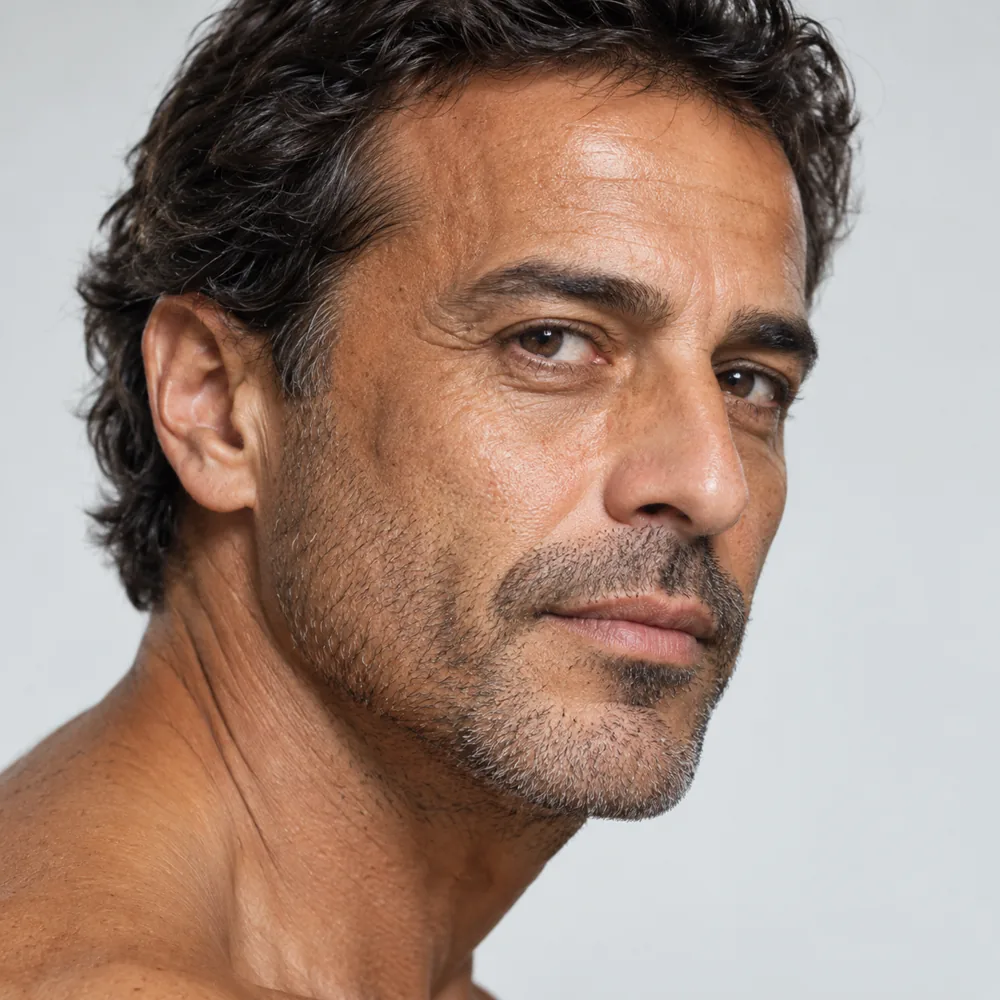 Detalle del rostro, mandíbula y cuello de un hombre de cabello castaño