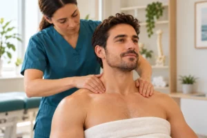 Masaje profesional con las manos directamente sobre la piel de cuello y hombros