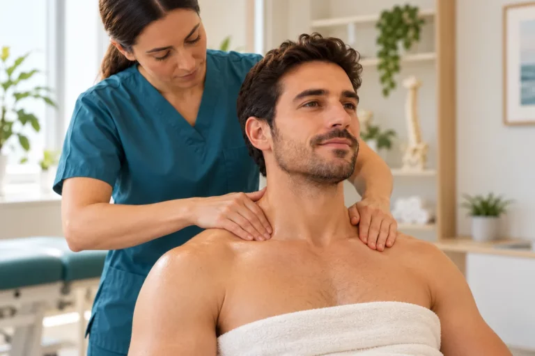 Masaje profesional con las manos directamente sobre la piel de cuello y hombros