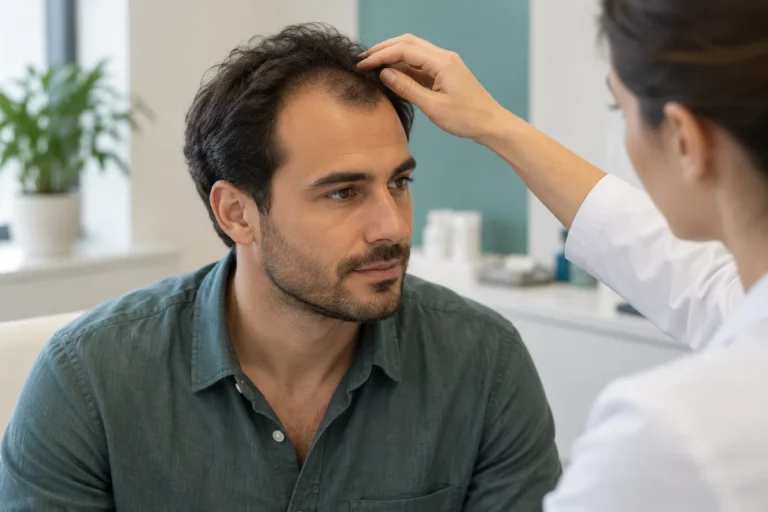 Valoración capilar de un hombre adulto en una consulta médica