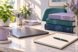 Ilustración de libros médicos y un cuaderno para preparar preguntas de salud íntima