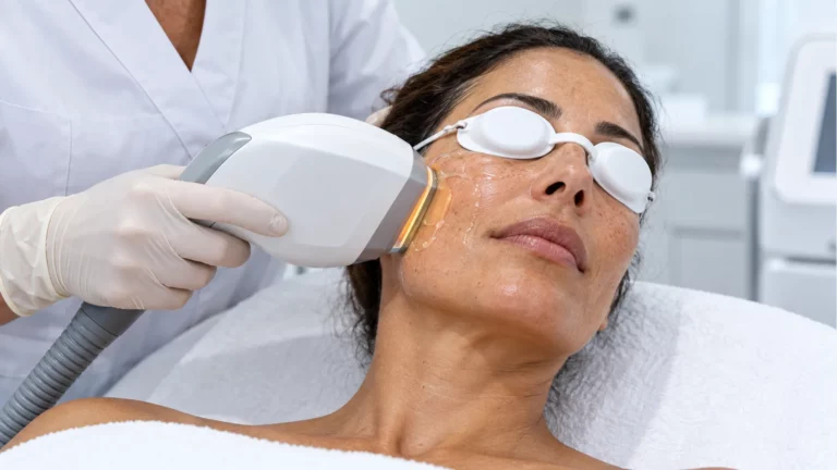 Tratamiento IPL facial en una clínica blanca de Las Palmas con modelo mediterránea y protección ocular