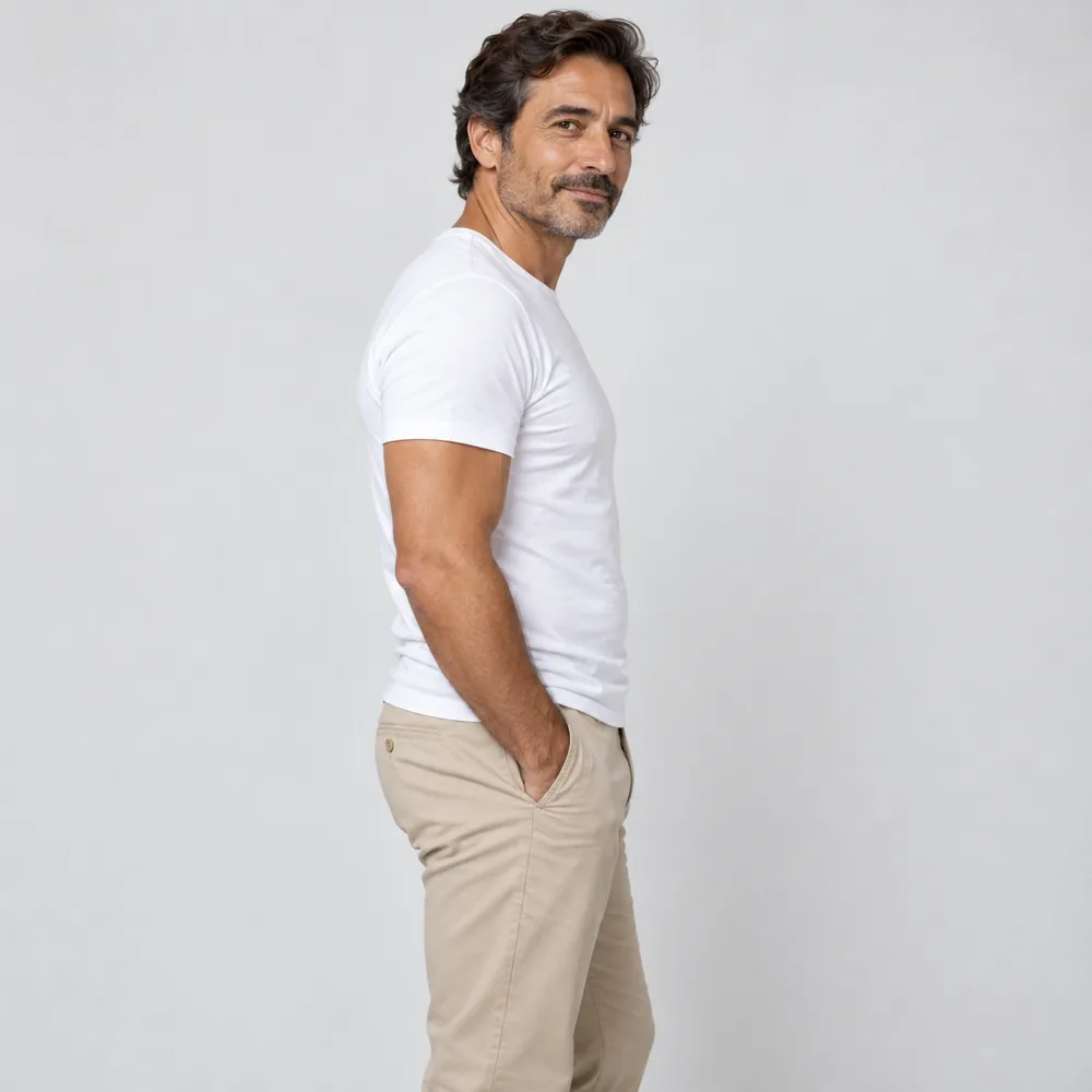 Modelo masculino de cabello castaño vestido en un estudio de fondo claro