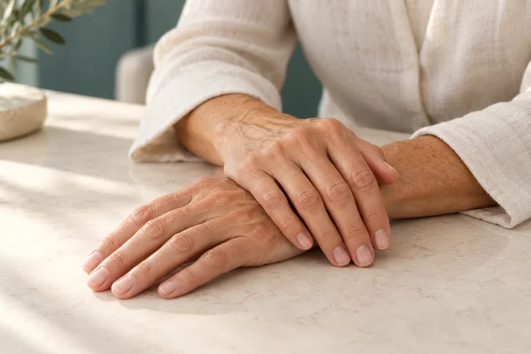 Manos de una mujer adulta con textura natural de la piel, imagen ilustrativa de rejuvenecimiento de manos