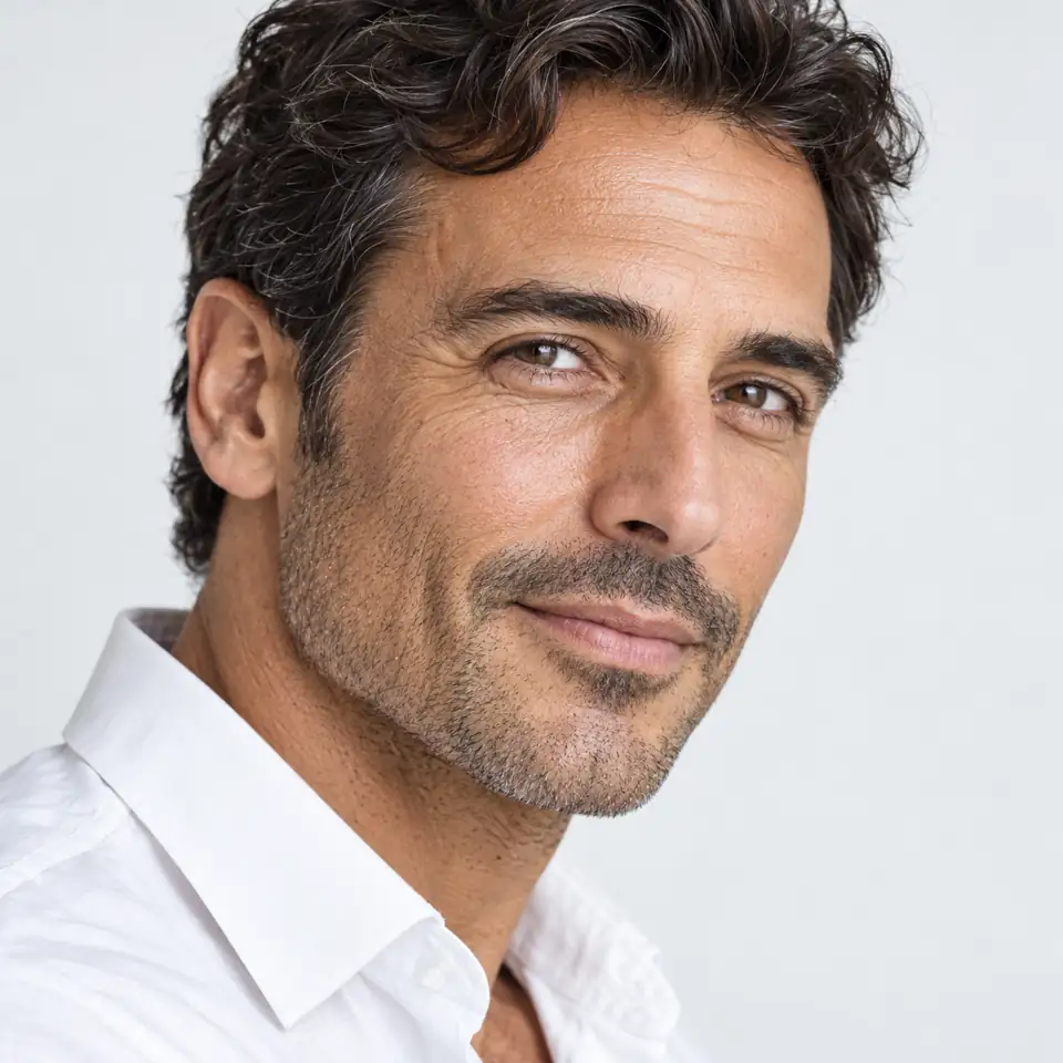 Illustrative portrait of a dark-haired adult man with natural skin texture